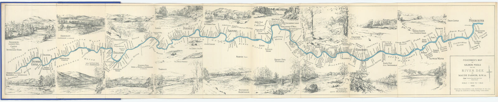 Fisherman's Map of Salmon Pools on the River Dee by Maude Parker 1933 old